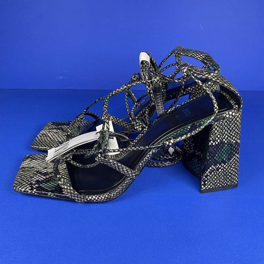 NWT Zara High Block Heels Snakeskin Wrap Around Sandals Women's 10 - Picture 5 of 10